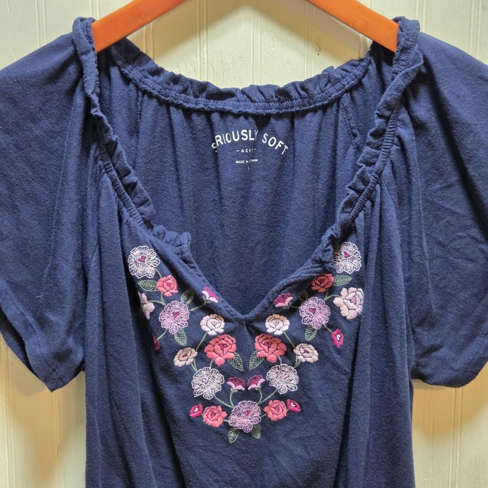 Aero Shirt Juniors Small Blue Seriously Soft Embroidered Floral Ruffle Top